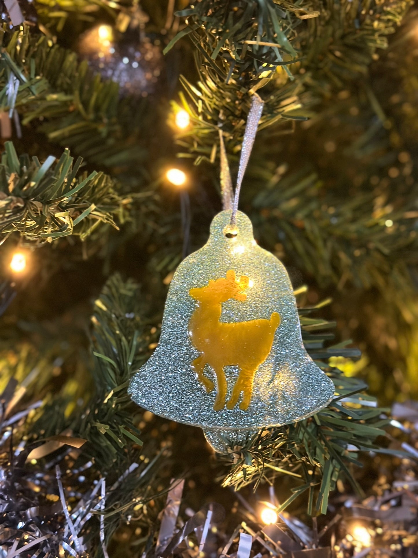 Glitter Bell Ornament with Golden Reindeer